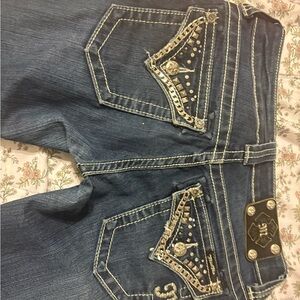 Miss Me Blue Boot Cut Jeans with Decorative Stitching and Sparkly Accents